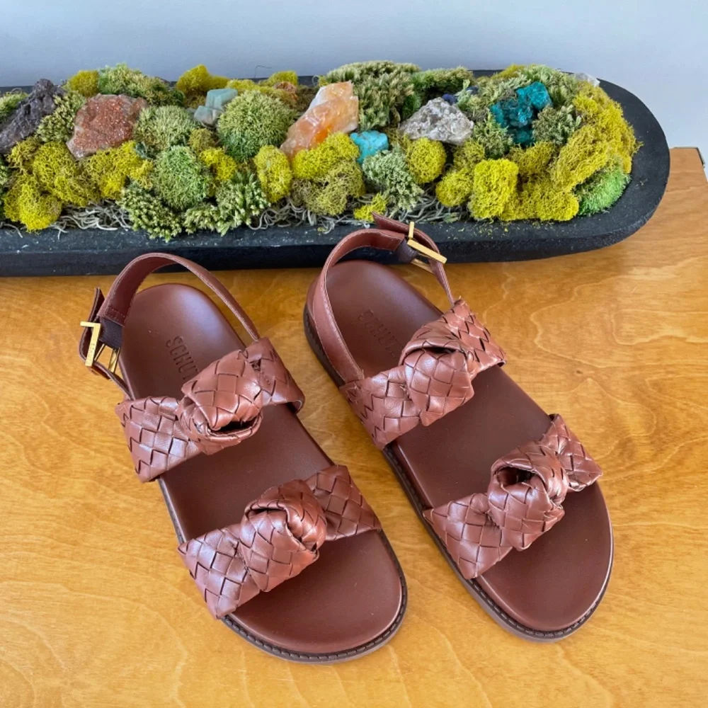 new SCHUTZ Kareena Brown Woven Leather Knot Sandals Ankle Strap Flat 6.5 - Picture 9 of 9